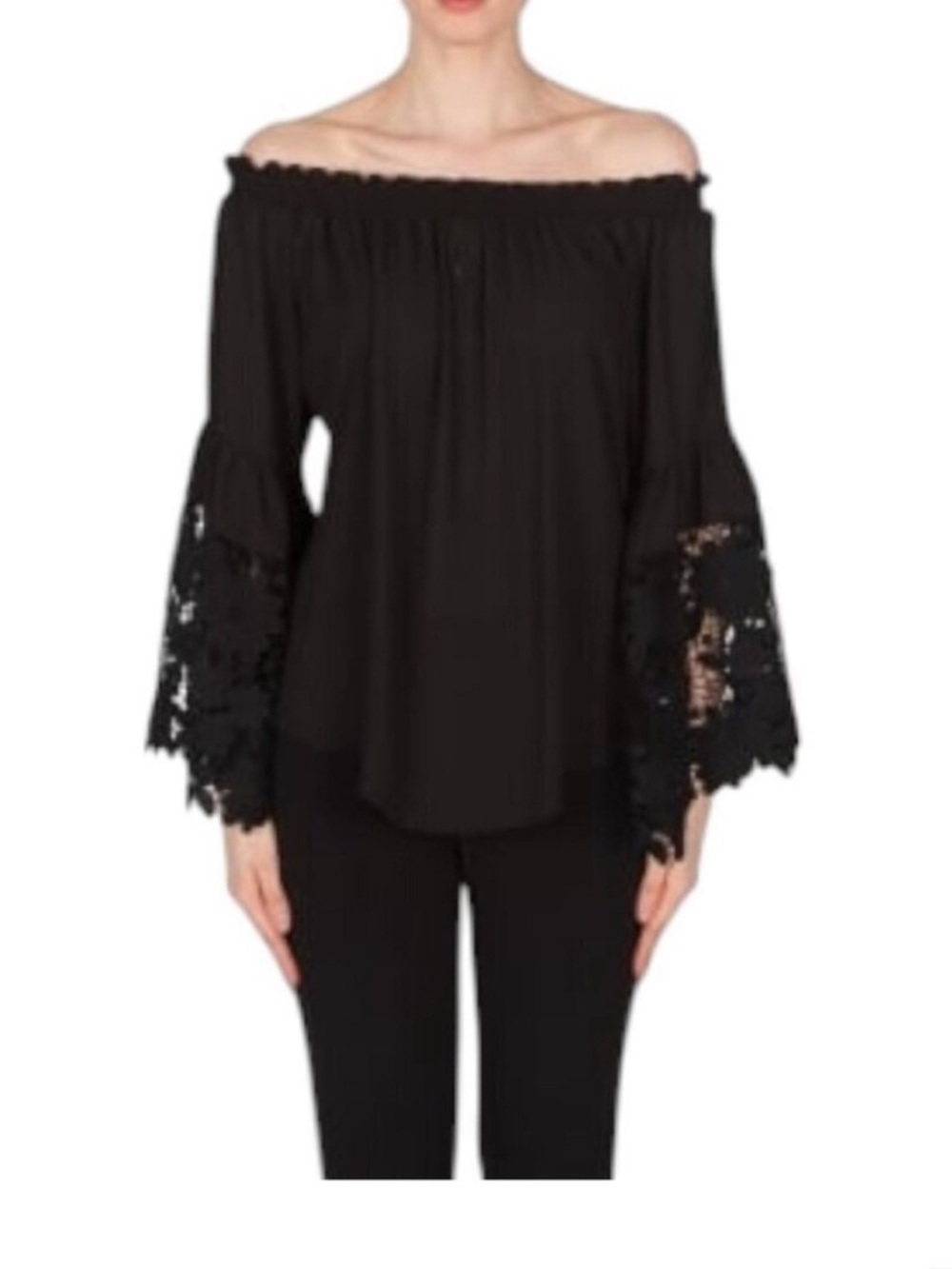 Joseph Ribkoff Off-Shoulder Black Lace Bell Sleeve Women's Top - Picture 6 of 6